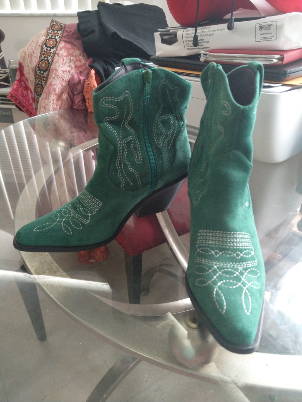 Women's Green Suede Western Ankle Booties with Embroidered Detail
